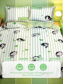 THE POWERPUFF GIRLS X SHEIN Bộ 3 ga trải giường in hình hoạt hình dễ thương, chất liệu bóng, mềm mại và ấm áp, màu đỏ, nhiều kích cỡ, phù hợp cho giường đơn/giường đôi/giường cỡ Queen/giường cỡ King. - màu xanh lá - Xem 7