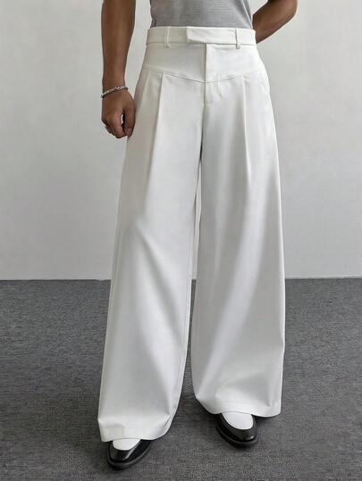 PAVTROS Men's White Pleated Casual Pants, Fashion Versatile Loose Fit Wide Leg