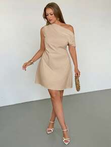Auralis Vestido asimétrico de hombro casual minimalista de unicolor talla grande - Albaricoque - Ver 4