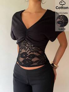 Siren Gaze Women's Elegent Black V-Neck Sheer Lace Panel Ruched Cotton Top,Chic Night Out Party Blouse,Short Batwing Sleeve Summmer Casual Shirt T-Shirt - Black - View 6