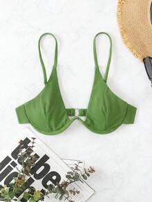 SHEIN Swim Women's Summer Beach Solid Color Sexy Bikini Top With Underwire - Green - View 3