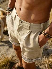 Airaco Pantalones cortos casuales de hombre con estampado geométrico de cintas - Caqui - Ver 3