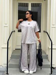 Muchica Plus Size Women Leopard Print & Striped Short Sleeve T-Shirt And Casual Pants Set - Multicolor - View 6