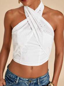 Travachic Solid Color Halter Cropped Top For Women, Spring/Summer Vacation - White - View 1