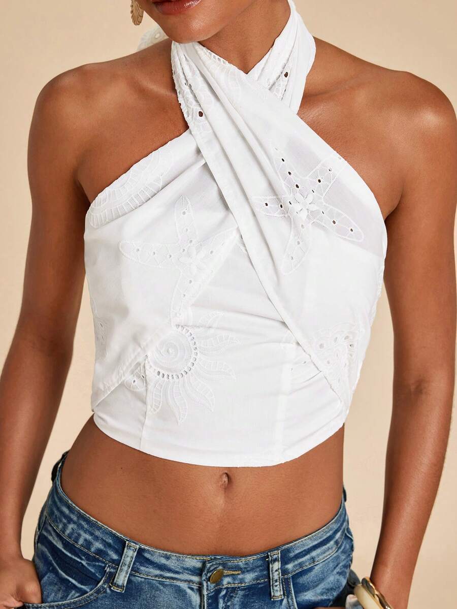 Travachic Solid Color Halter Cropped Top For Women, Spring/Summer Vacation - White - View 1
