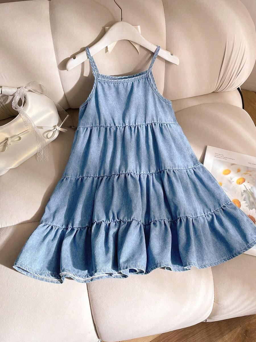 SHEIN Đầm chữ A phối vải denim cho bé gái (cỡ nhỏ), kiểu dáng thường ngày và đa năng. - Rửa nhẹ - Xem 1
