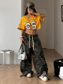 Coolane Women's Summer Sportswear Basic Y2K Streetwear Country Number Pattern Contrast Lace V-Neck Jersey Yellow Over Size T-Shirt Top Concert - Yellow - View 2