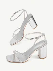 CUCCOO CHICEST Women's Square Toe Rhinestone Ankle Strap Sandals For Christmas Summer Shoes - Silver - View 5