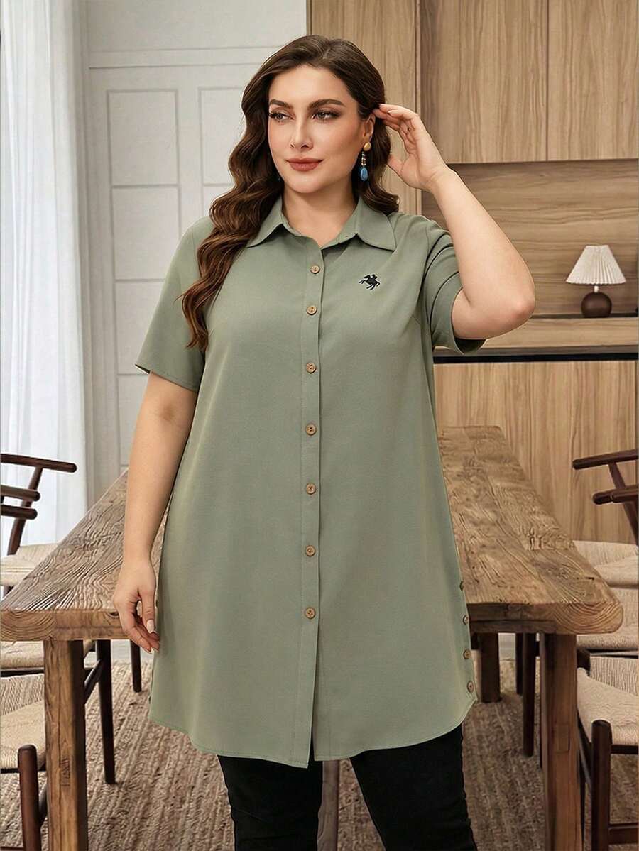 Lacomfia Plus Size Solid Color Long Loose Casual Embroidered Blouse Formal Office Bussines Sage Green Summer - Army Green - View 1