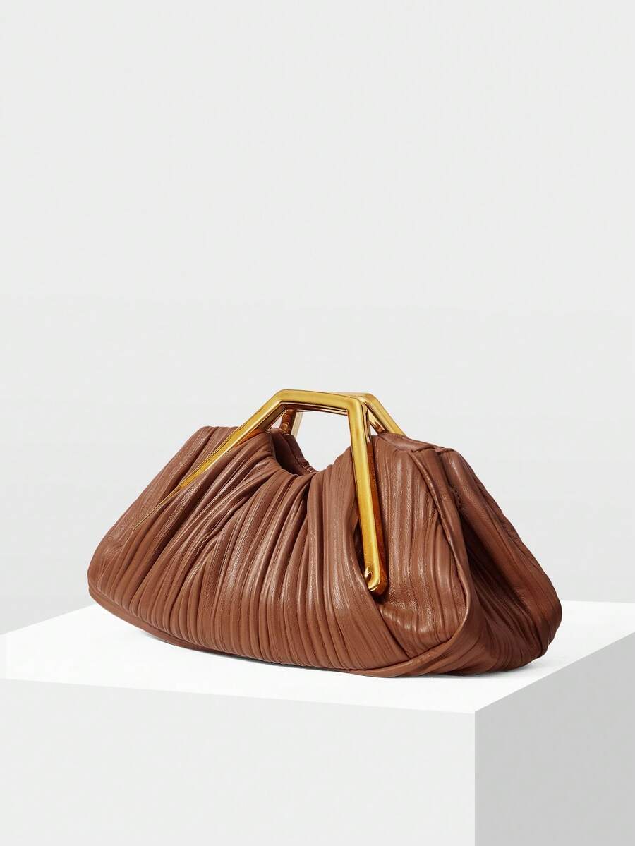 MOTF PREMIUM LADIES ELEGANT PLEATED HANDBAG, EXQUISITE HARDWARE HANDHELD, DATE COMMUTING VERSATILE - Brown - View 2