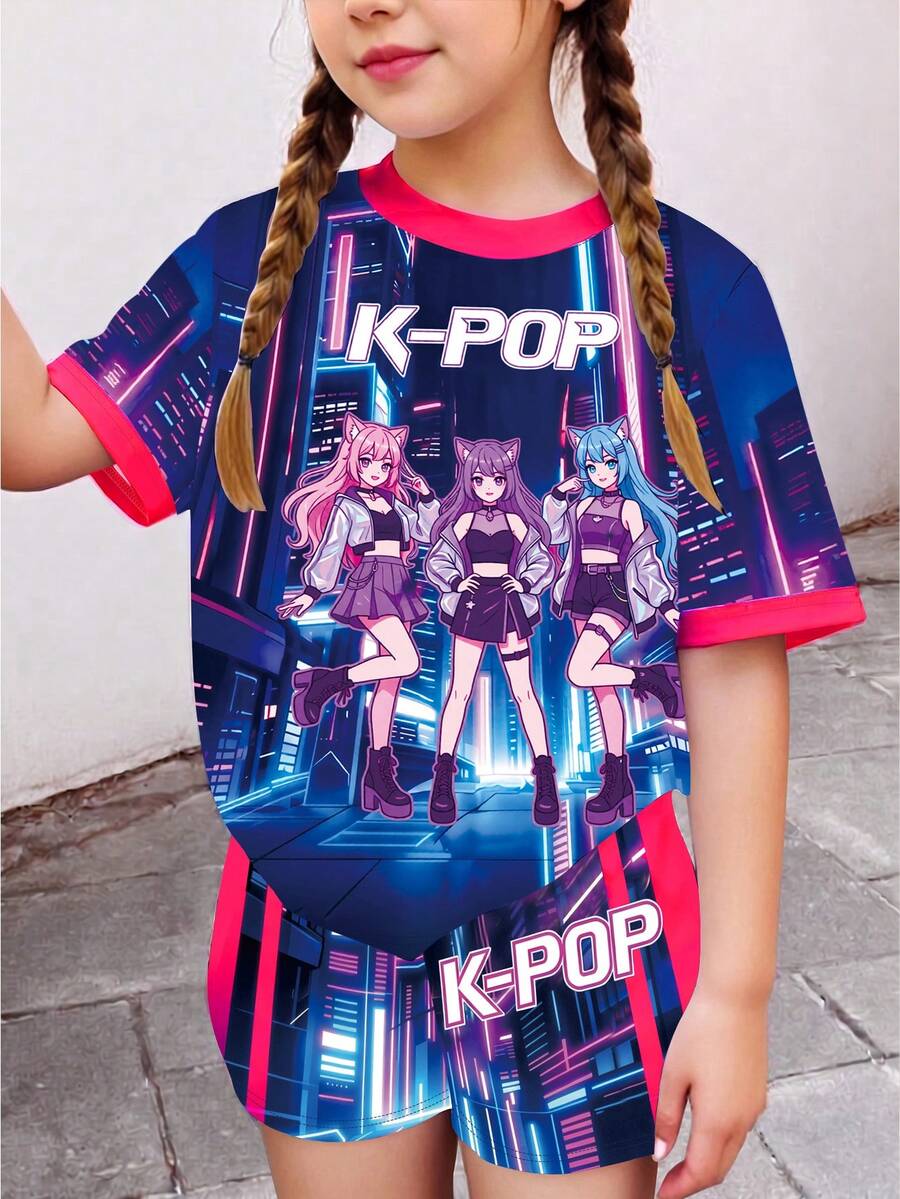 2pcs Girls Printed T-Shirt And Shorts Set, Cool Virtual Girl Band Graphic Tee, Colorful Casual Fashion Creative Personalized, Future Virtual World Shorts Outfit, Suitable For Spring/Summer Sportswear - Multicolor - View 1