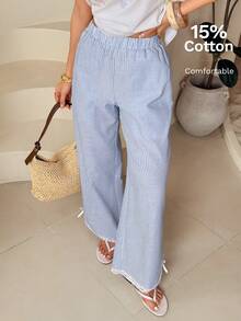 SHEIN PETITE Quần nữ dáng suông kẻ sọc xanh trắng viền ren, thích hợp cho mùa tựu trường và mùa hè. - Xanh và trắng - Xem 7
