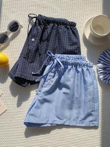 Comfortcana 2件組女款亞麻條紋短褲 海軍藍 夏季休閒居家服 沙灘度假節慶穿搭 Y2K時尚運動健身短褲套裝 - 彩色 - 查看 8
