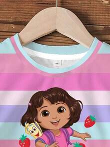 DORA | SHEIN Bộ đồ thường ngày cho bé gái, áo thun ngắn tay cổ tròn kẻ sọc và quần short, hiệu DORA. - trắng - Xem 6
