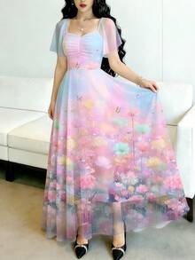 Modelyn 夢幻粉色花卉夏季仙女風女款長洋裝，方領荷葉袖派對收腰優雅雪紡長裙，藍色花卉圖案 - 彩色 - 查看 3