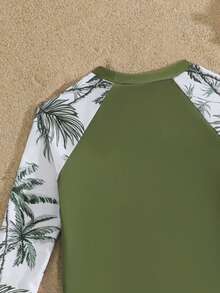SHEIN Young Boys Swimwear,White & Green Palm Tree Print Long Sleeve Rash Guard Top & Swim Trunks Set,Summer Beach Holiday Hawaiian Style Pool Surfing - Green - View 6