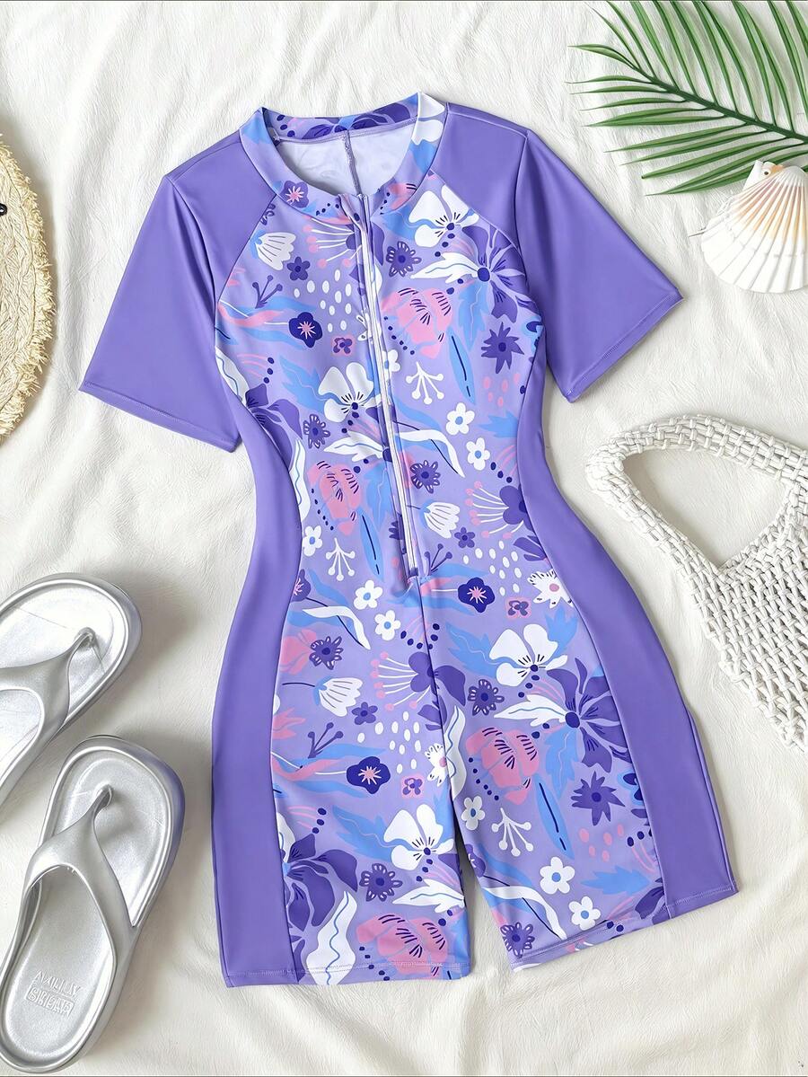 SHEIN 少女时尚休闲度假泳衣，紫色拼接碎花拉链连体泳衣，夏季海滩 - 紫色 - 查看 1