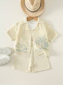 Bộ đồ đôi cho bé trai gồm áo khoác cardigan cổ polo và quần short họa tiết cây cọ, kiểu dáng thường ngày, thích hợp cho kỳ nghỉ. - Nhiều màu - Xem 4