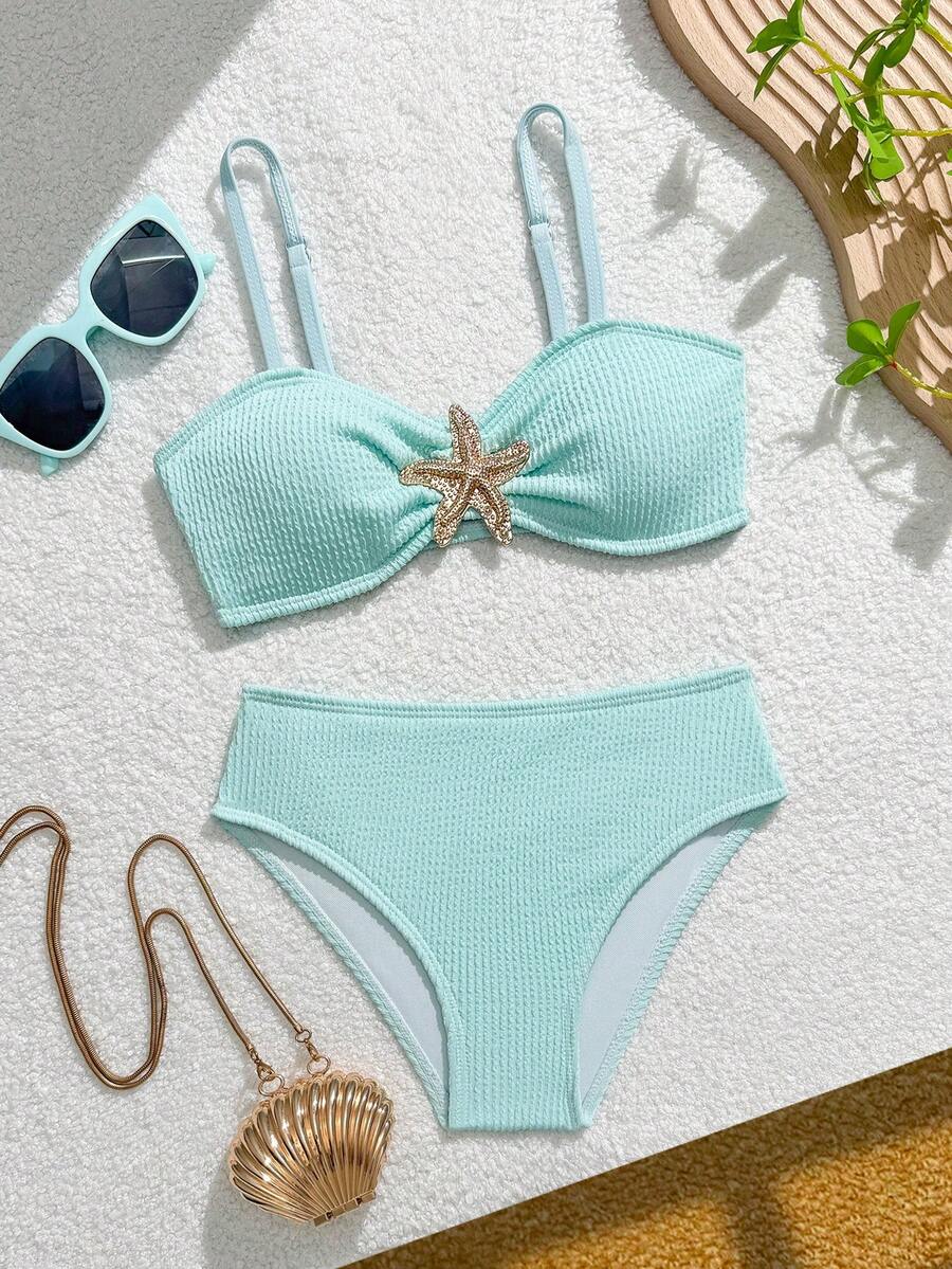Swimwear, Tween Girls Bikini Sets, Tween Girls Swimwear Set, Casual Green Light Green Special Fabric, Knitted Fabric, Strapless Design, Starfish Decoration, Fashionable Leisure, Exquisite And Gorgeous Ladies Suitable For Swimming, Suitable For Summer Vacation, Beach Beach, Swimming Pool, Summer Party, Leisure Vacation Starfish Bikini Bikini Set For Girl Summer Bikini - Mint Green - View 1