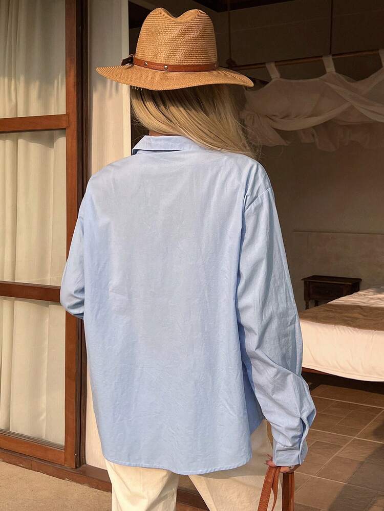 Women's Blue Long Sleeve Shirt, Retro Casual Loose Boyfriend Style Blouse, Suitable For Spring And Summer