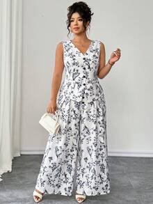 Elenzga Bộ đồ nữ cỡ lớn thanh lịch, tối giản, cổ chữ V không tay, có túi giả, dáng suông, kết hợp áo khoác ôm eo và quần ống rộng xếp ly cạp cao, họa tiết hoa, màu be, thích hợp mặc đi làm, mùa hè. - Màu be - Xem 5