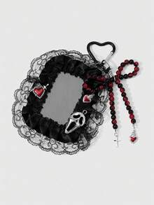 ROMWE Goth 1個Y2k復古時尚甜酷辣妹個性化龐克暗黑風哥德式黑紅細樹脂圓珠手工串珠蝴蝶結CCB圓珠古銀滴油劍穿心火焰皇冠愛心金字塔四角形骷髏十字惡魔翅膀尖叫鬼臉黑色鏤空蕾絲網格百褶蕾絲壓克力卡片卡套校園卡身分證卡套星卡卡套產業卡套DIY鑰匙圈包包吊飾，適合上班族學生派對情侶姐妹女友 - 黑色-16 - 查看 20