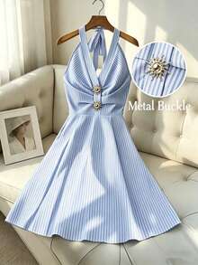 SHEIN Franclia 女士新款蓝色条纹吊带连衣裙、女士蕾丝拼接吊带连衣裙、女士交叉露背吊带连衣裙、女士露背吊带连衣裙、女士假日吊带连衣裙 - 藍色 - 查看 3