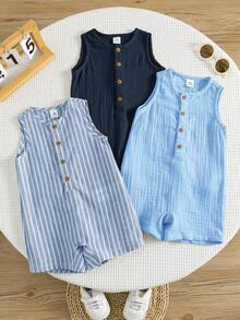SHEIN 3pcs Set Baju Terusan Tanpa Lengan Bergaris Kasual Unisex untuk Bayi Baru Lahir & Celana Pendek Celemek, Cocok untuk Jalan-jalan dan Liburan - Biru - View 10