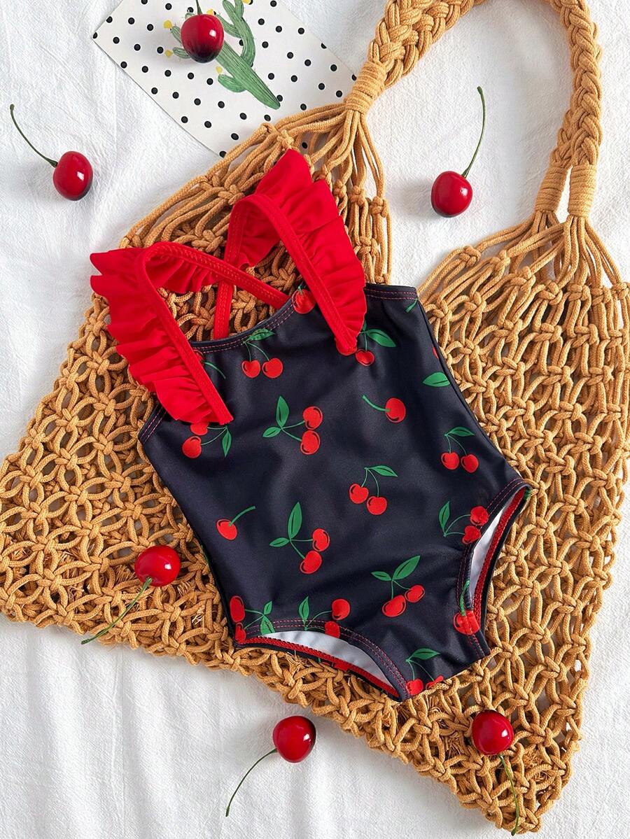 SHEIN Vintaside Kids Baju Renang Terusan Bayi Motif Cherry dengan Hiasan Ruffle, Potongan Kasual untuk Liburan dan Santai - Hitam - View 1