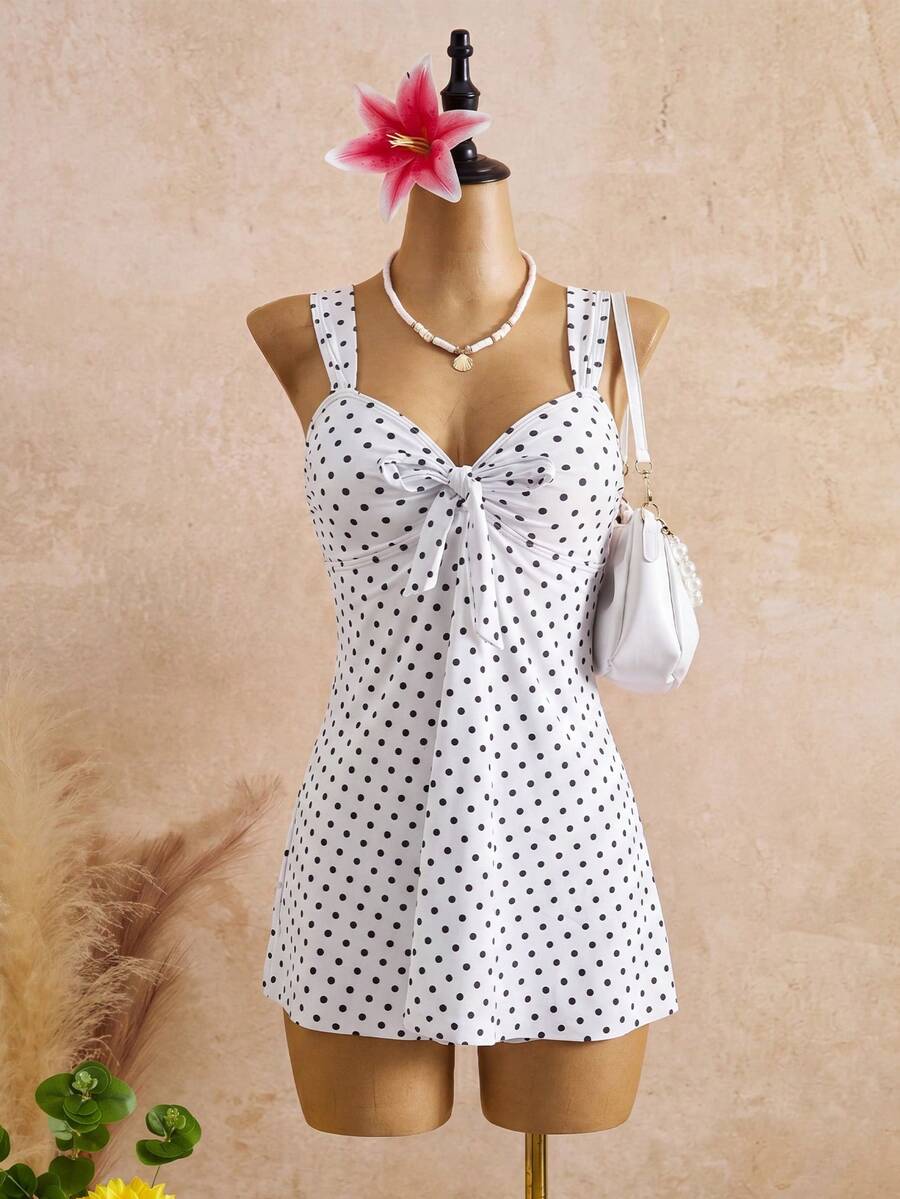 Bellisia Bộ bikini nữ mùa hè chấm bi thắt nơ, dây bản rộng, kiểu dáng retro, áo khoác ngoài bikini với đáy tam giác, trang phục đi biển. - trắng - Xem 1