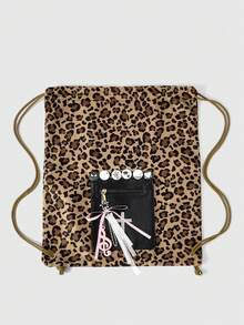 ROMWE Y2K Gothic Leopard Drawstring Backpack - Rhinestone Cross With Note Bow Pendant Zip Pocket Backpack For Campus And Street Style - Leopard print - View 2