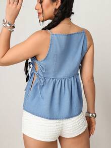 SHEIN PETITE Women's Casual Washed Side Tie Denim Blouse, Summer - Light Wash - View 15