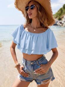 SHEIN VCAY Top corto con hombros descubiertos para vacaciones - Azul - Ver 5