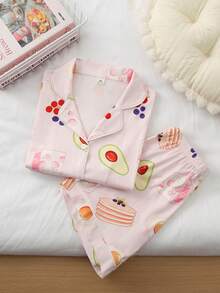 女童甜美可爱优雅休闲舒适柔软透气多色卡通奇异果、蓝莓、牛奶蛋糕印花针织开衫短袖上衣和短裤睡衣套装，2件套 - 彩色 - 查看 5