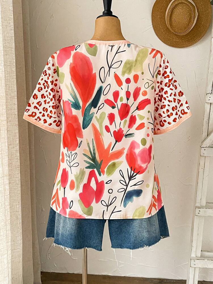 Plus Size Women Spring Casual Vacation Short Sleeve Striped Floral Print Blouse Beach Outfit For Women Summer Outfits For Women Casual Blouses For Women