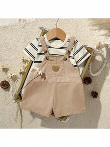 Loomiva Newborn Baby Boy/Girl Cartoon Bear Pattern Knit Soft Round Neck Long Sleeve Raglan Pullover Top And Bib Pants 2-Piece Set - Camel - View 2