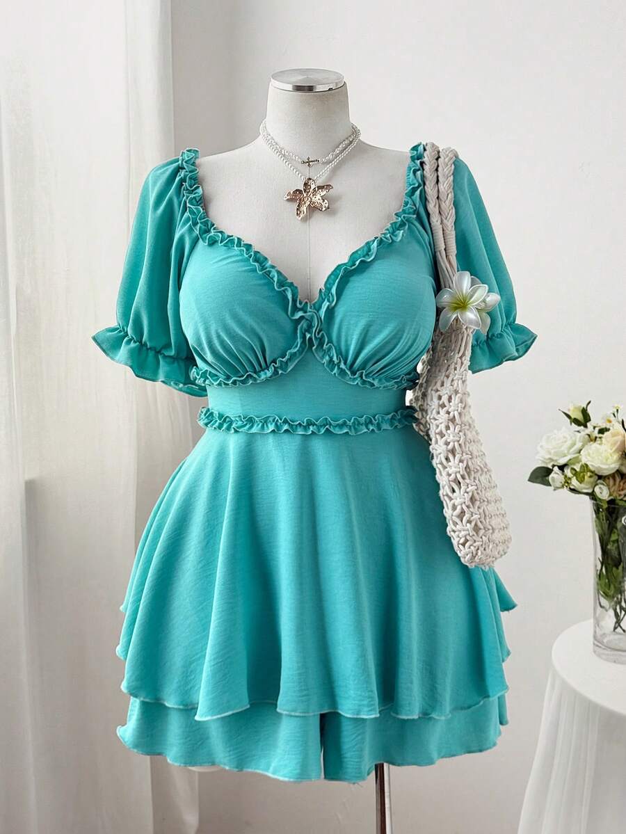 Flirla Plus Size V-Neck Ruffle Patchwork Waist Jumpsuit, Suitable For Summer - Mint Green - View 1