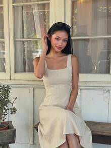 SHEIN MOD Women Casual Solid Color Sleeveless Waist Cinched Sundress For Summer,Business Casual Woman - Apricot - View 2