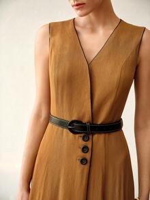 MOTF PREMIUM WOMEN'S LINEN-LIKE SOLID COLOR CONTRAST RIB KNIT SLEEVELESS CINCHED WAIST MIDI DRESS OFFICE SHADES OF BROWN SUMMER ELEGANT - Brown - View 3
