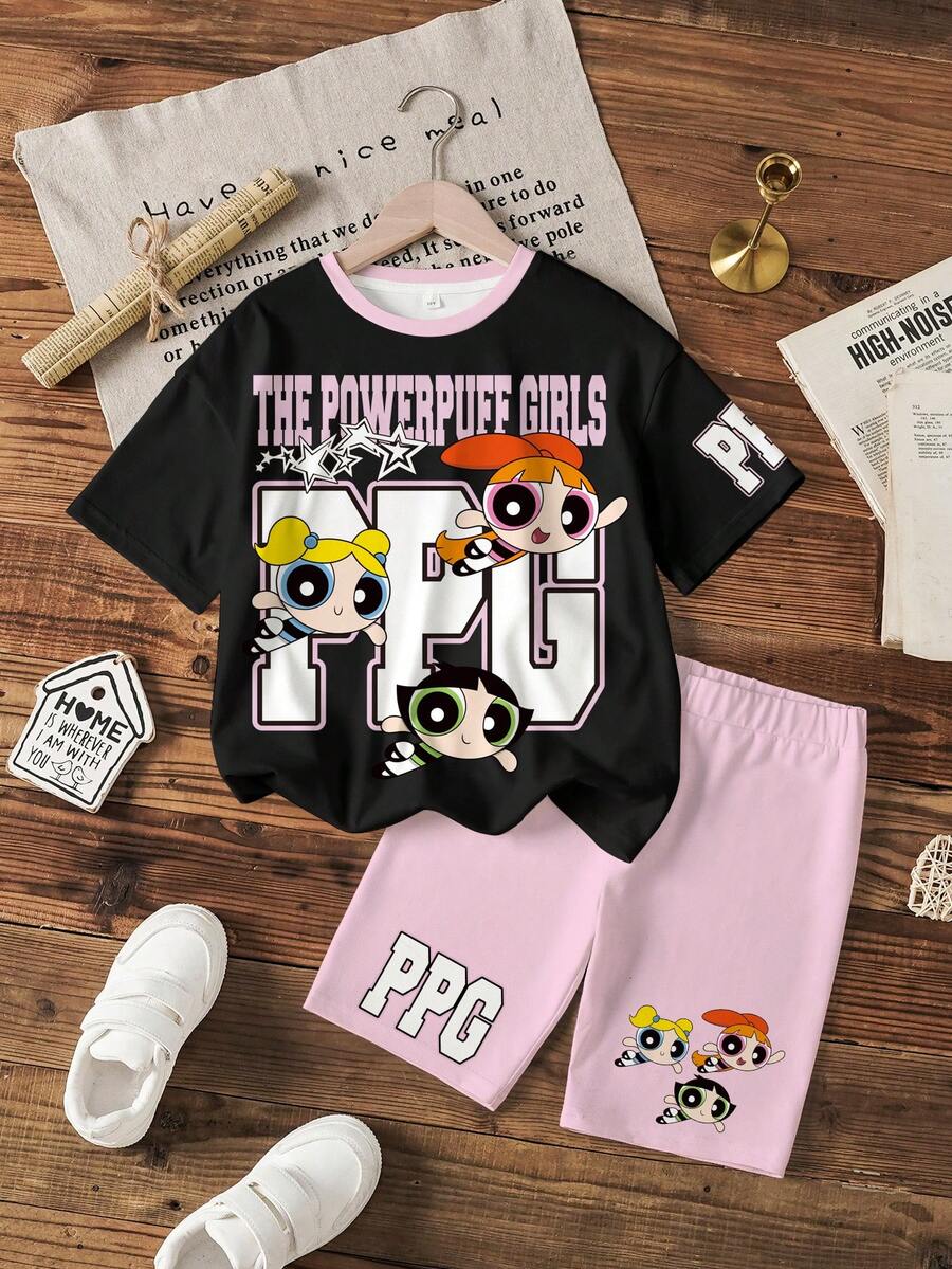 THE POWERPUFF GIRLS X SHEIN Bộ áo thun và quần short in hình hoạt hình dành cho bé gái tuổi teen - trắng - Xem 1