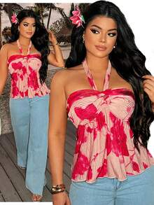 SHEIN SXY Women's Hot Pink Floral Print Halter Neck Top,Summer Casual Backless Ruched Bust Holiday Vacation Beach Outfit,Plants All Over Print Jamican Style - Multicolor - View 9