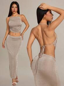 SHEIN PETITE Bộ đồ hai mảnh màu trơn, kiểu cổ yếm, dây mảnh, hở lưng, không tay, ôm sát. - Màu Khaki - Xem 5
