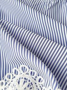 Rusticease Plus Size V-Neck Lace Trim Striped Fashion Summer Shirt - Blue - View 4
