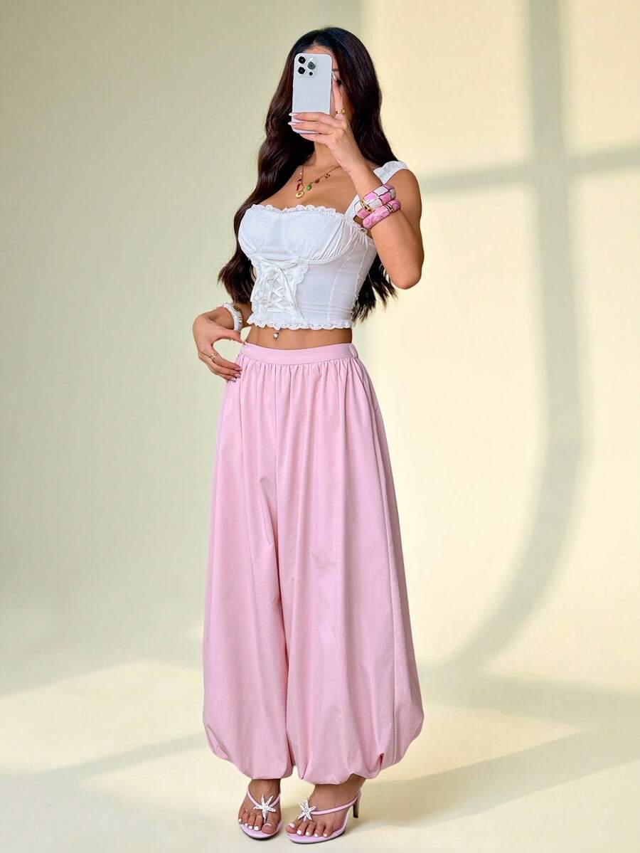 SHEIN PETITE Pantalones de cintura alta con forma de globo de tejido sólido
