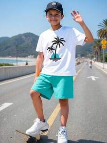 SHEIN 2件套儿童/青少年男童休闲椰子印花圆领短袖T恤和短裤套装，适合通勤、上学、日常休闲、运动、春夏穿着。 - 藍色 - 查看 2