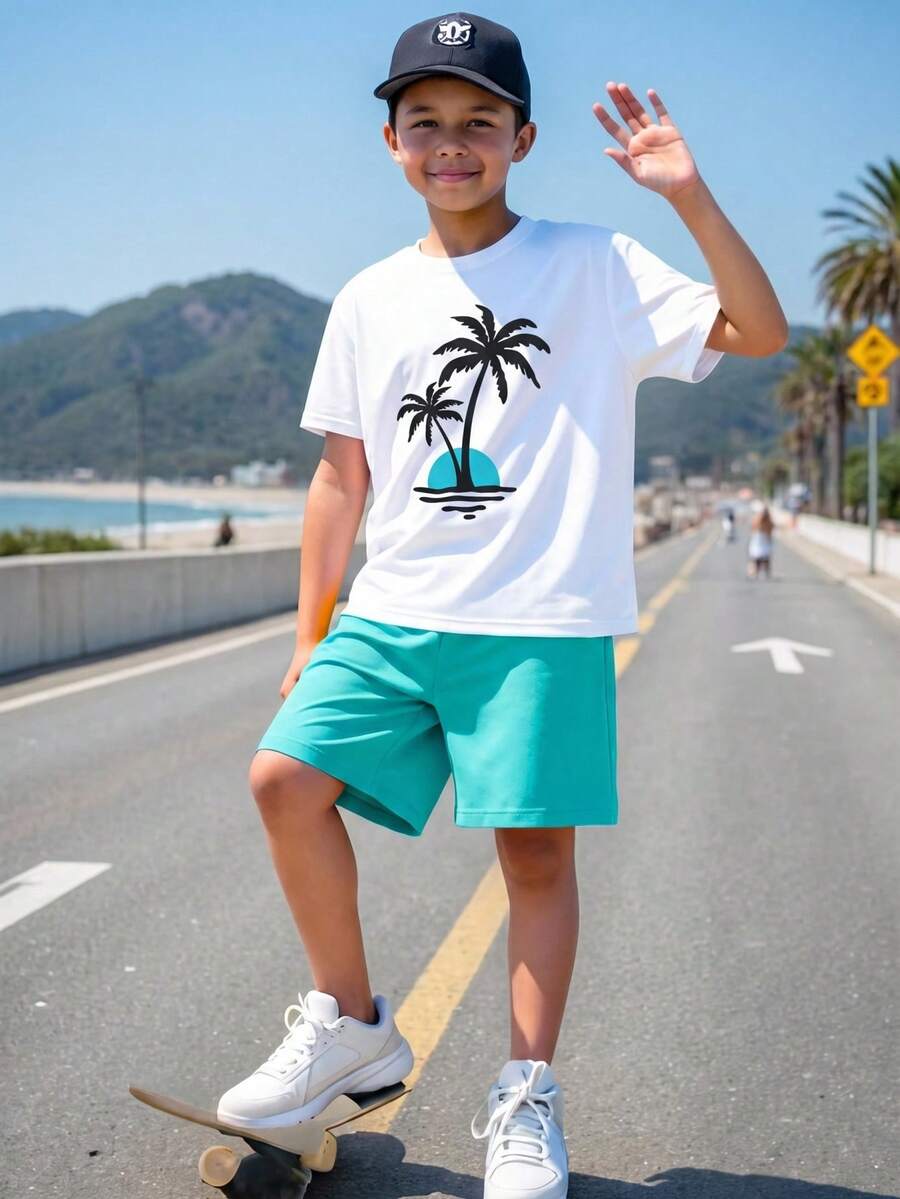 SHEIN 2件套儿童/青少年男童休闲椰子印花圆领短袖T恤和短裤套装，适合通勤、上学、日常休闲、运动、春夏穿着。
