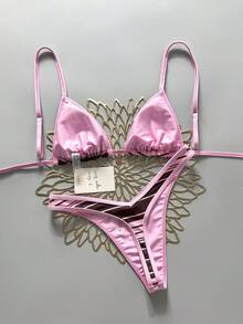 Swim Mod 2pcs/Set Random Floral Print Gold Disc Decor Halter Triangle Bra And High Cut Thong Sexy Bikini Swimwear Set, Spring/Summer - Multicolor - View 2