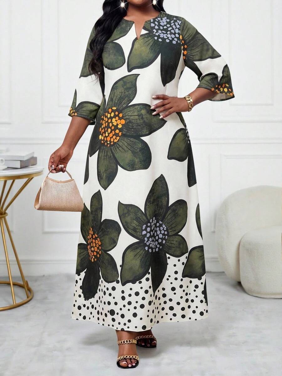 SHEIN Lady Đầm nữ cỡ lớn in hoa tay lửng dáng rộng thoải mái - màu xanh lá - Xem 1