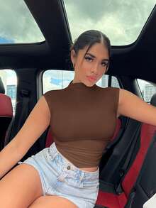 SHEIN SXY 夏季性感纯色立领上衣，时尚简约 - 咖啡棕 - 查看 3