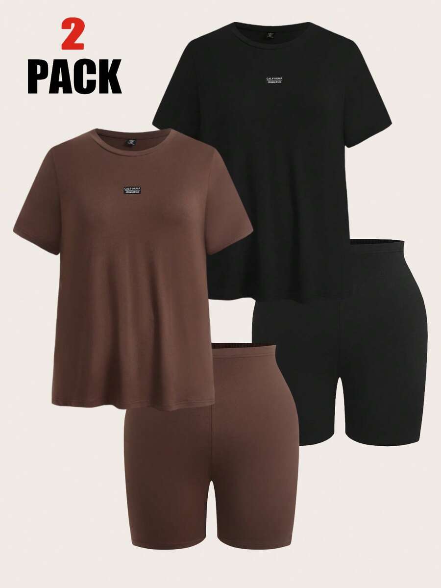 SHEIN EZwear 2件套休闲宽松字母印花短袖T恤和紧身骑行短裤,适合户外、日常、派对、通勤、音乐节、感恩节、母亲节、返校、毕业典礼、海滩度假、街头风、居家休闲、探索、城市漫步等多种场合穿着,米色和黑色大码纯色套装,4件套 - 彩色 - 查看 1
